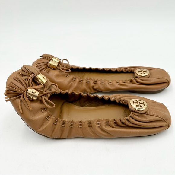 Tory Burch Reese Mestico Royal Tan Leather Ballet Flats Gold Accents Tassels - Picture 5 of 10